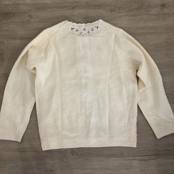 VTG 50s Cream Hand Beaded Grannycore Sweater Sm Lined Cottagecore Pin Up Glam - Picture 12 of 15